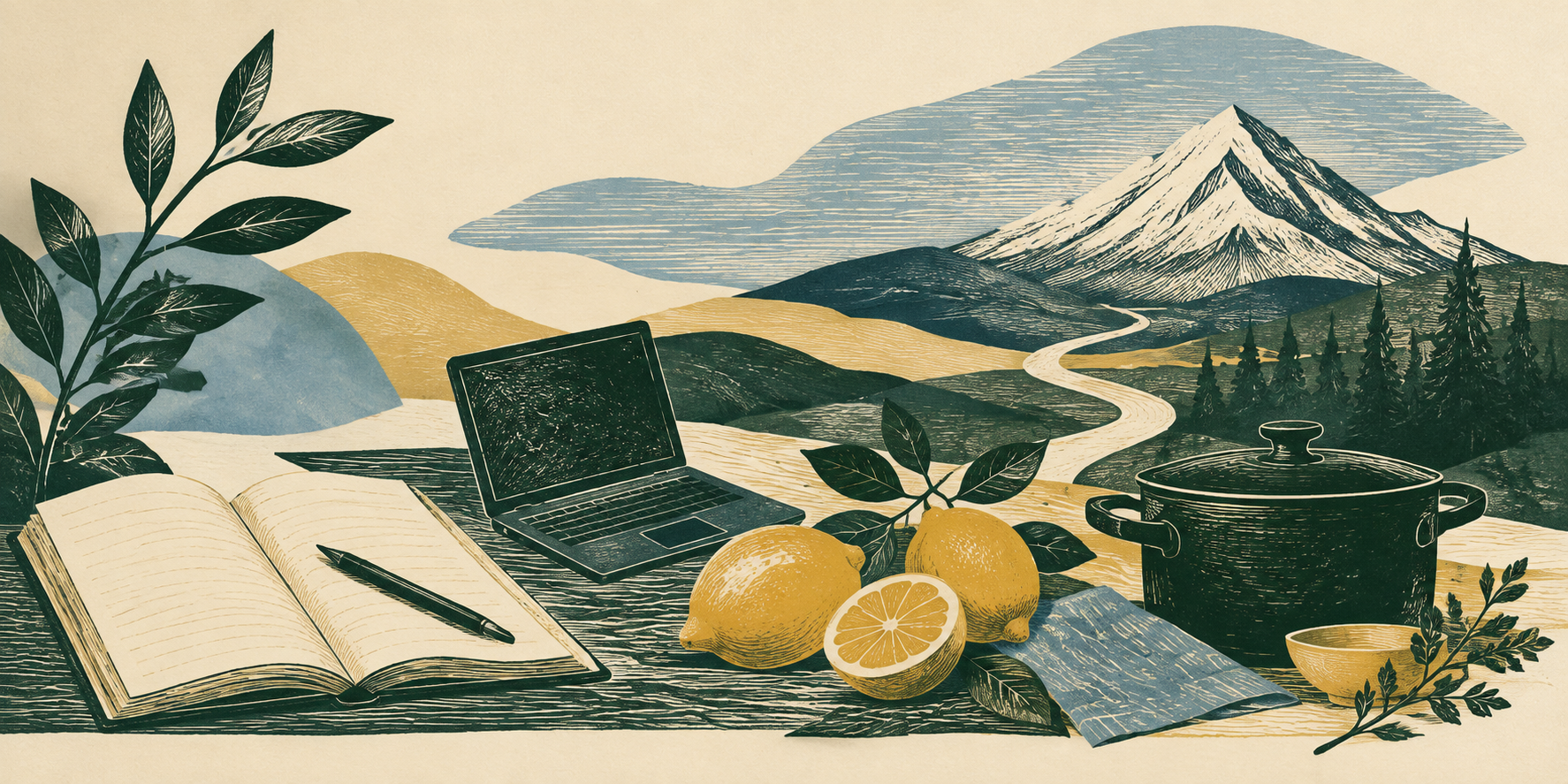 An illustrated landscape connecting a notebook, laptop, cooking pot, and a winding mountain path.